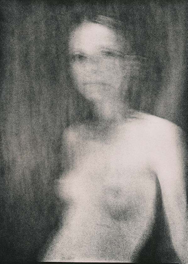 Nude figure looking down, lith print, first of a pair